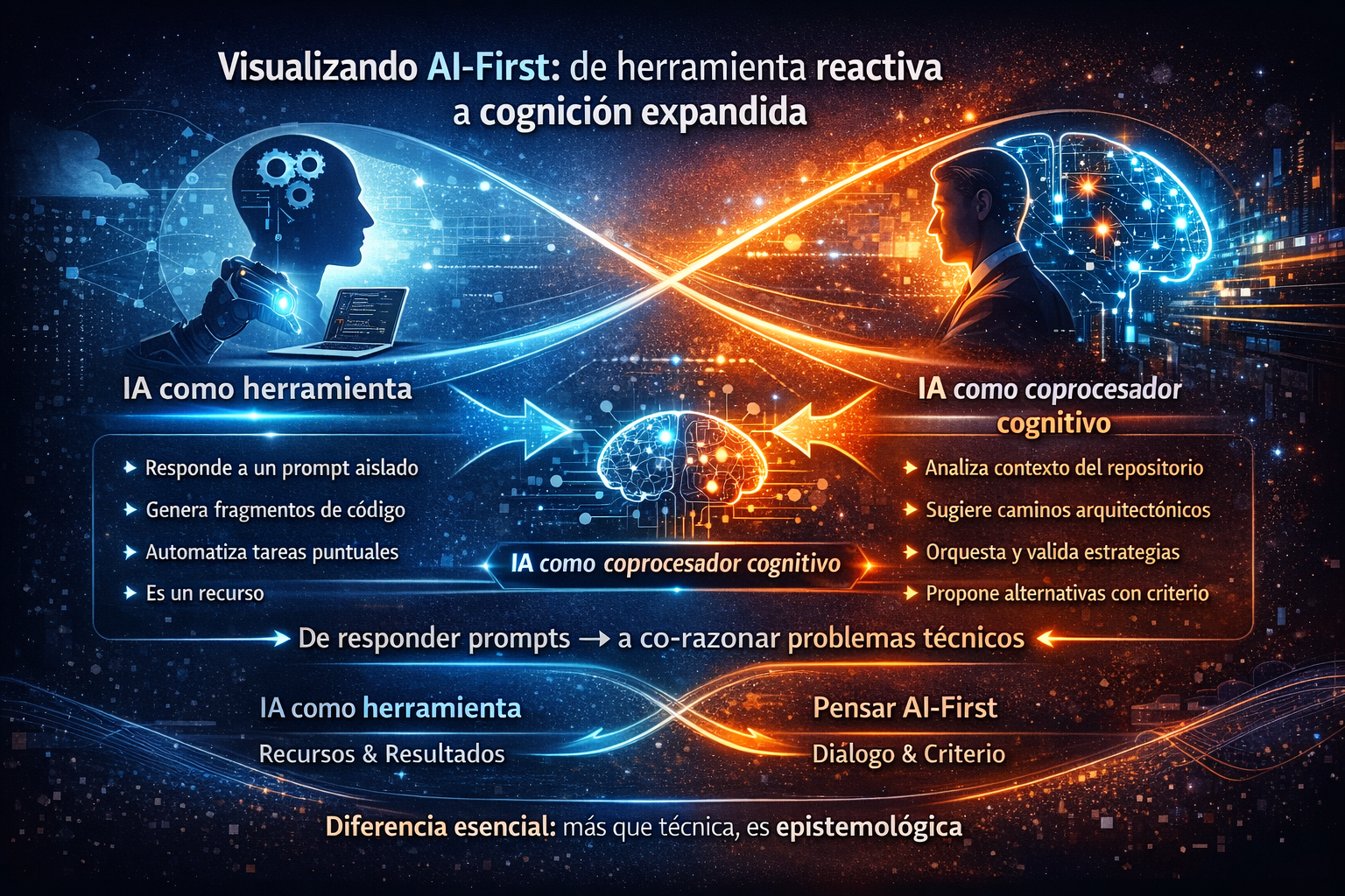Visualización de la evolución desde IA como herramienta reactiva hacia IA como capa cognitiva estructural, mostrando la transformación del pensamiento técnico en el desarrollo de software