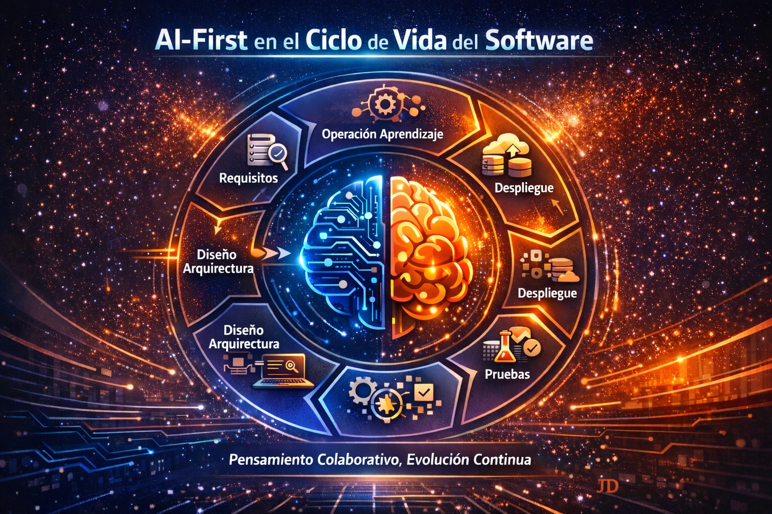 Diagram of the software development life cycle (SDLC) with artificial intelligence at the center, showing how AI-First transforms each phase from requirements to operation and maintenance
