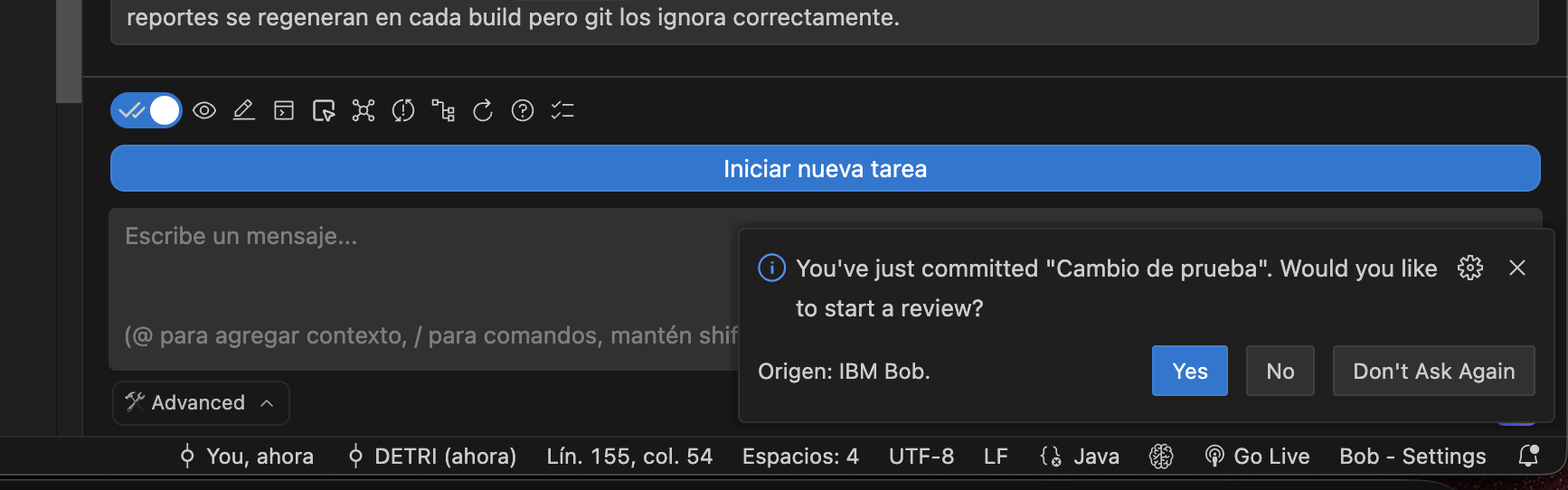 Demonstration of Project BOB performing automatic commit review in Git, analyzing code changes, detecting potential errors, and providing immediate feedback for continuous integration