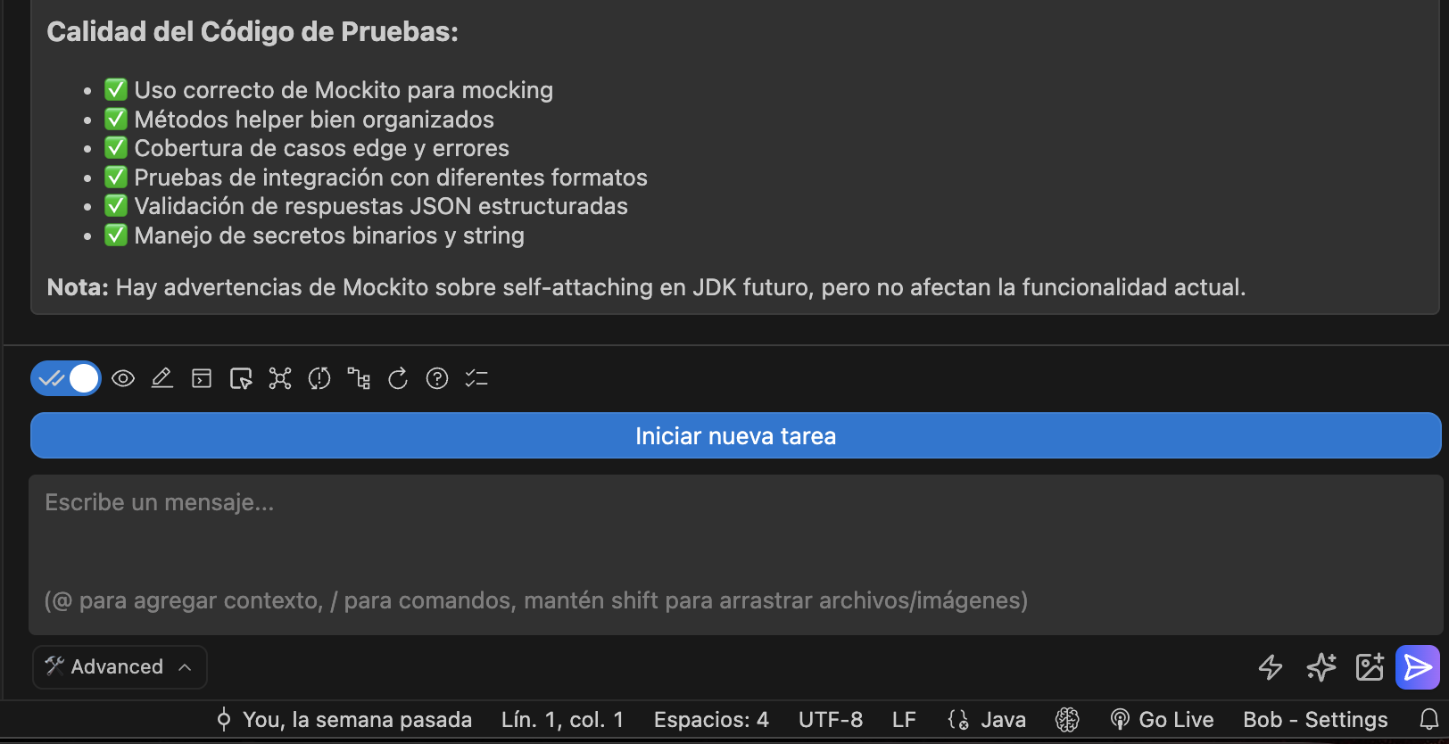 Screenshot showing the Project BOB interface managing complete tasks autonomously, from context analysis to command execution and dependency resolution in a Java project