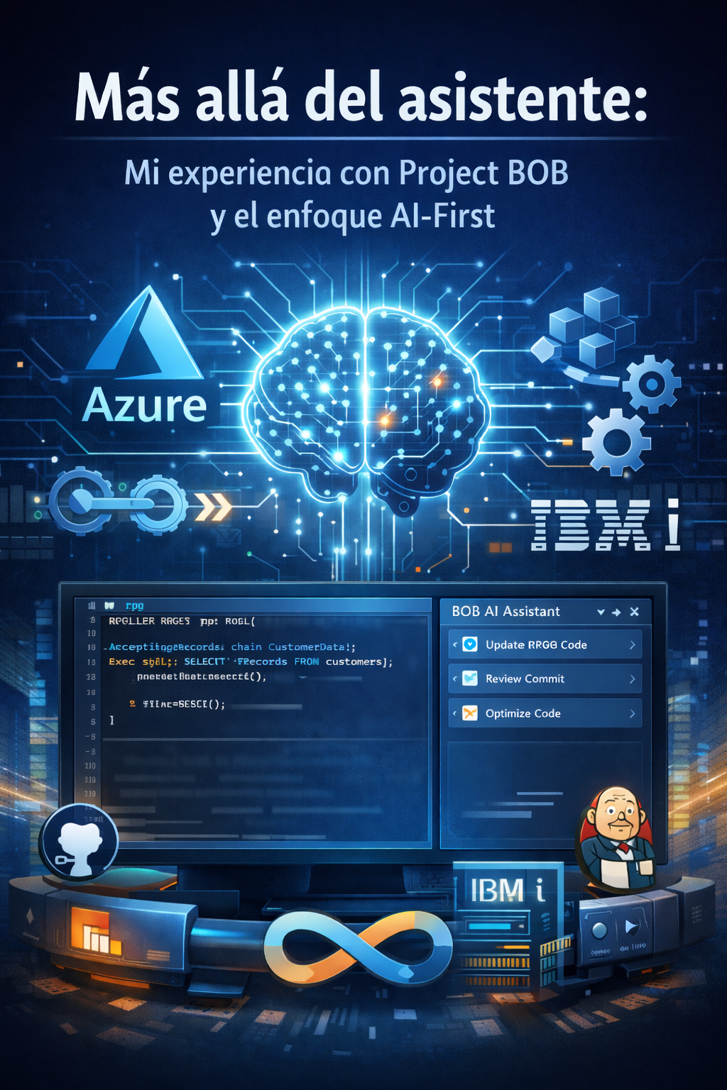 Illustration of Project BOB, IBM's AI assistant, working together with a developer on Java code modernization tasks and software architecture analysis