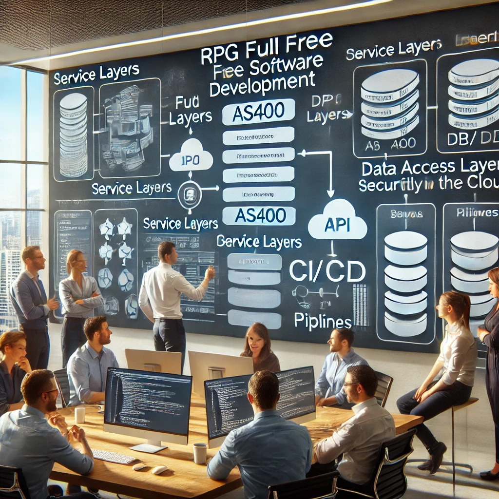 Equipos ágiles de desarrollo con RPG Full Free analizando diagramas de arquitectura moderna